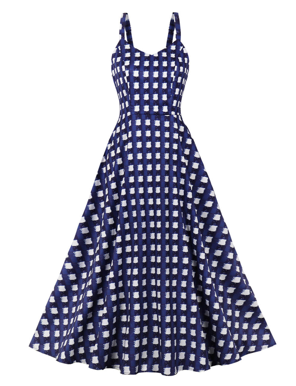 Navy Plaid Spaghetti Strap Elastic Back High Waist 1950 Vintage Dress