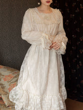 Load image into Gallery viewer, Champagne Ruffles Puff Sleeve Lace Vintage Victorian Dress