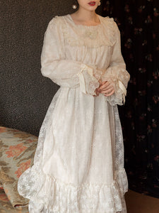 Champagne Ruffles Puff Sleeve Lace Vintage Victorian Dress