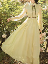 Load image into Gallery viewer, Yellow Flower Embroidered Puff Long Sleeve Edwardian Revival Dress