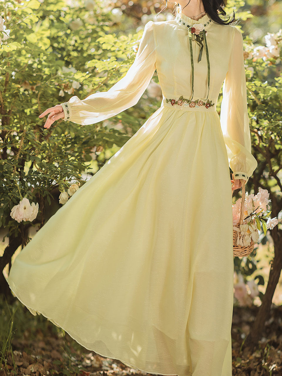 Yellow Flower Embroidered Puff Long Sleeve Edwardian Revival Dress