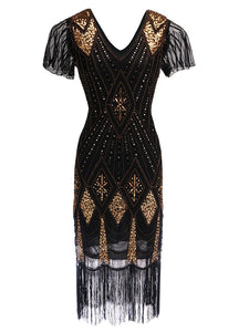 Navy 1920s V Neck Sequined Flapper Dress