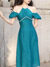 Load image into Gallery viewer, Peacock Green Pearl 1950S Vintage Summer Dress
