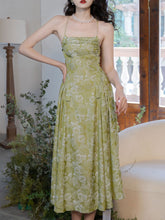 Load image into Gallery viewer, Green Rose Floral Spaghetti Strap 1950S Vintage Dress