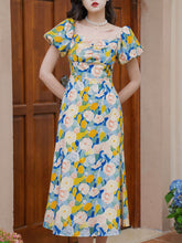 Load image into Gallery viewer, Yellow And Blue Floral Print Off Shoulder 1950S Dress