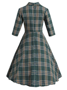 Plaid 3/4 Sleeve 1950S Vintage Dress With Button