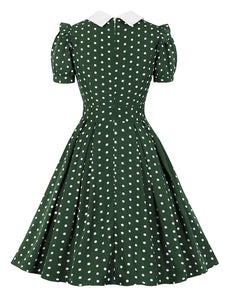 1950s Dark Green Polka Dots Puff Sleeve Vintage Dress