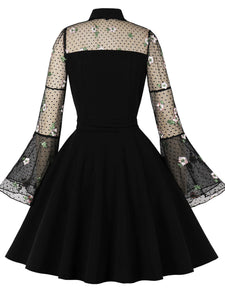 Dark Green Turn Down Flower Embroidered Semi-Sheer 1950S Vintage Dress