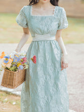 Load image into Gallery viewer, Green Square Collar Puff Sleeve Summer 1950S Flower Vintage Dress