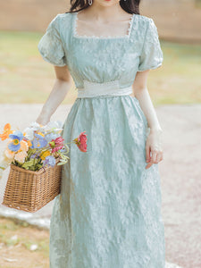 Green Square Collar Puff Sleeve Summer 1950S Flower Vintage Dress