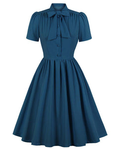 Baby Blue Tie Neck Short Sleeve Pleated A Line Cocktail Vintage Dress