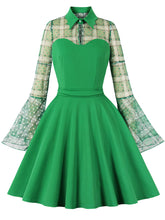 Load image into Gallery viewer, Green Plaid Trumpet Sleeves 1950S Vintage Dress