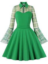 Load image into Gallery viewer, Green Plaid Trumpet Sleeves 1950S Vintage Dress