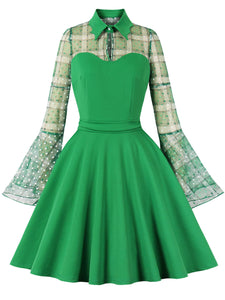 Green Plaid Trumpet Sleeves 1950S Vintage Dress