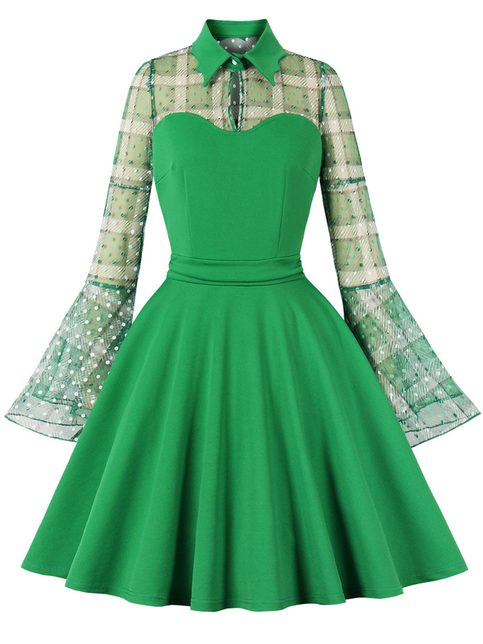 Green Plaid Trumpet Sleeves 1950S Vintage Dress