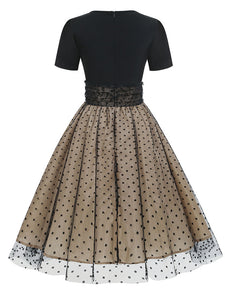 Black Crew Neck Polka Dots Embroidered Short Sleeve 50S Swing Dress