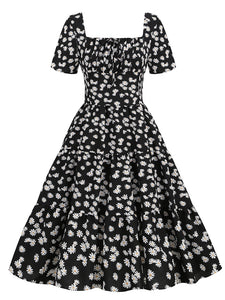 Square Neck Daisy Print Retro 1950S Dress