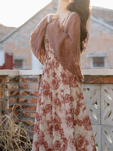 Load image into Gallery viewer, 2PS Coffee Knitted Cardigan With Rose Print Spaghetti Strap 50S Vintage Dress Set