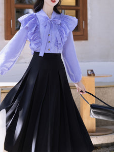 2PS Lilac Ruffle Long Sleeve Blouse And Black Swing Skirt Dresss Set