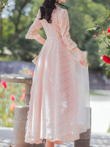 Pink Embroidered Puff Long Sleeve Edwardian Revival Dress