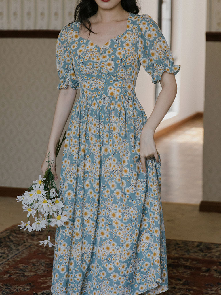 retro daisy dresses Retro Stage Green Daisy Print Tulle Dress