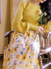 Load image into Gallery viewer, 3PS Yellow Vest And Shawl SunFlowers Print 1950S Vintage Dress Set