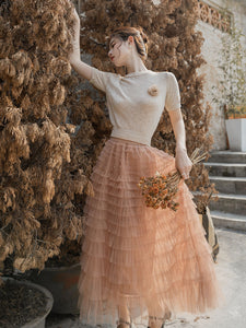 2PS Brown Backless Knitted Sweater And Swing Mesh Fairy Skirt Dress Set