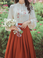 Load image into Gallery viewer, 2PS 1950S White Cat Embroidered Long Sleeve Shirt And Orange Swing Skirt Suit