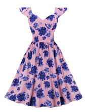 Load image into Gallery viewer, Pink V Neck Floral Print Ruffles Butterfly Sleeve 1950S Vintage Dress
