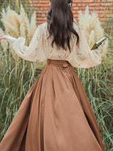 Load image into Gallery viewer, 2PS 1950S White Flower Embroidered Long Sleeve Shirt And Brown Swing Skirt Suit