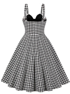 Black Houndstooth Print Spaghetti Strap 1950S Vintage Swing Dress
