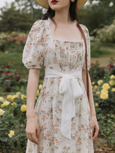 Load image into Gallery viewer, Floral Embroidered Lace Puffed Sleeve Chiffion Vintage Dress With Belt