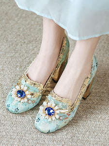 10CM Luxury Pearls And Diamonds Chunky Heels Retro Shoes