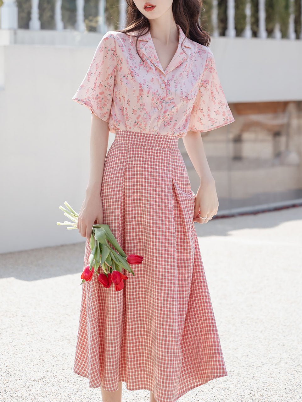 2PS Pink Floral Print Shirt And Plaid Swing Skirt Dress Set, Pink / XS