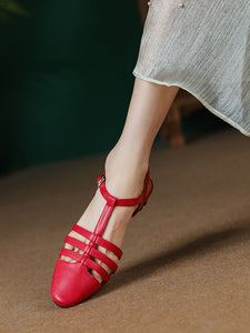 Women's Flats Sandals Round Toe Hollow Belt Leather Vintage Shoes