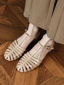 Women's Flats Sandals Pointed Toe Hollow Belt Leather Vintage Shoes
