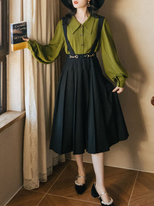 2PS Dark Green Shirt And Black Swing Strap Dress 1950S Dresss Set
