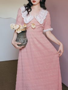 Pink Lace Collar Puff Sleeve Vintage 1950S Dress