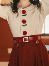 Load image into Gallery viewer, 2PS Rose Embroidered Peter Pan Blouse And Red Swing Skirt Dresss Set