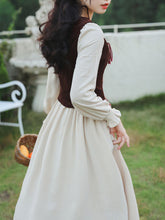 Load image into Gallery viewer, 2PS White Long Sleeve Ruffles Cottagecore Dress With Brown Embroidered Vest Suits