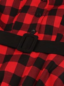 Red Plaid Turn Collar Cotton Vintage 1950S Dress With Belt
