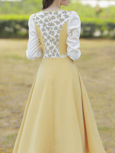 Yellow Square Neck Lace Floral Print 1950S Vintage Dress