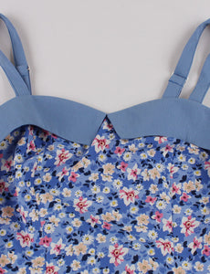 Blue Floral Print Spaghetti Strap Elastic Back High Waist 1950 Vintage Dress