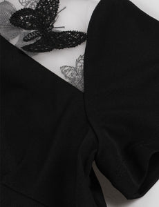 Black Semi Sheer Butterfly Short Sleeve 1950S Vintage Bodycon Dress