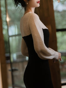 Black and White Split Long Sleeve Retro Knit Sweater Dress