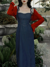 Load image into Gallery viewer, 2PS Denim Spaghetti Strap 1950S Vintage Dress With Red Long Sleeve Coat