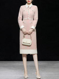 Pastel Pink Lapel Long Sleeve Tweed 1960S Dress
