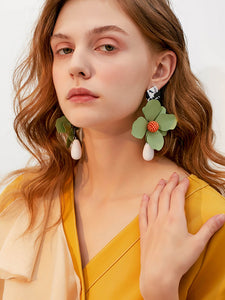 Sweet Green Floral Vintage Oversized Holiday Earrings