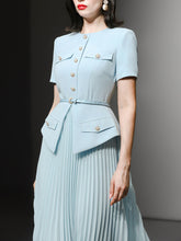 Load image into Gallery viewer, Retro Blue Short Sleeve New Look Style Pleated Fake Two Piece Suit Dress