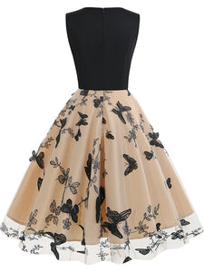 Black V Neck Butterfly 1950S Vintage Swing Dress